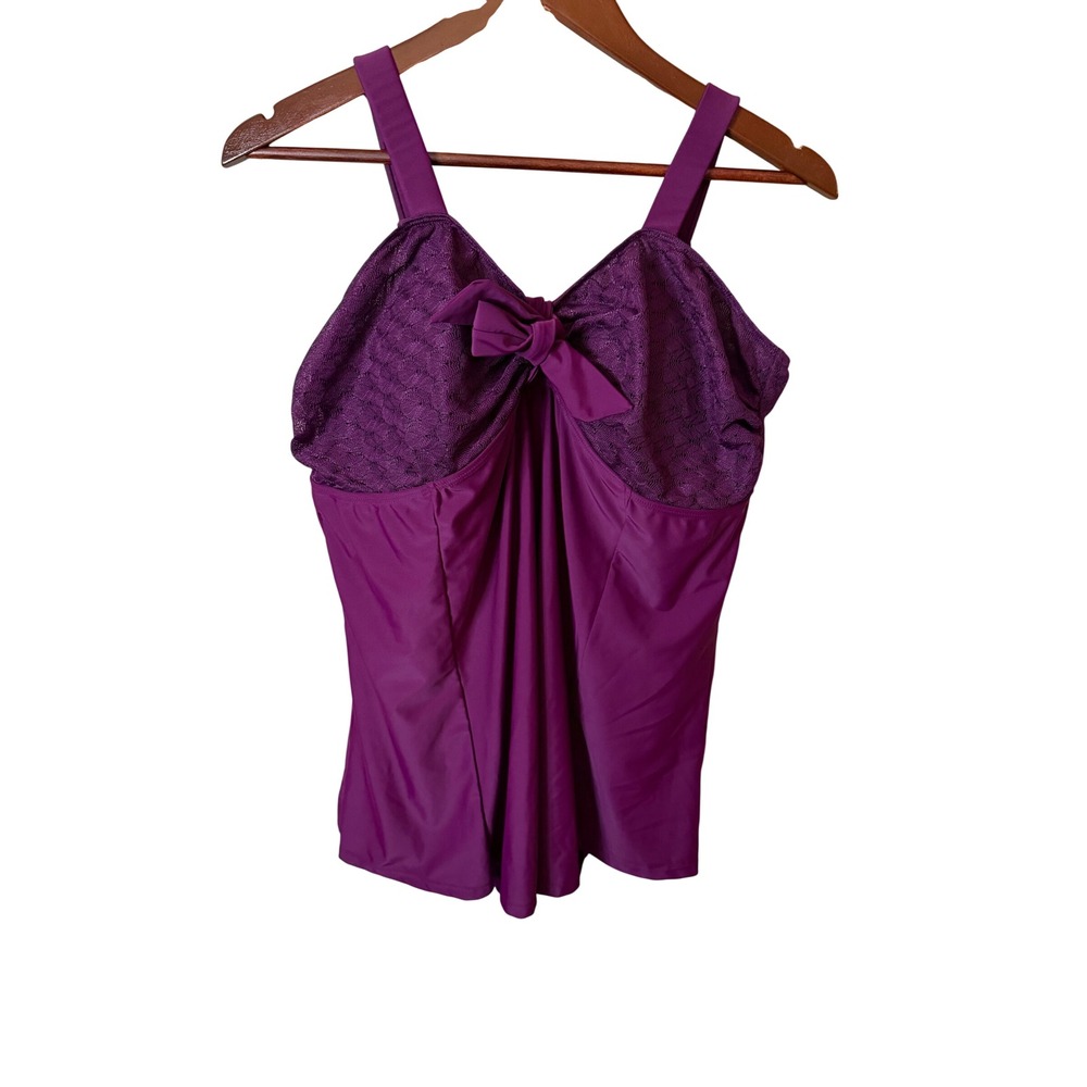 Simply Fit Women Deep Purple Lace Bow Empire Waist Swim Dress 2X